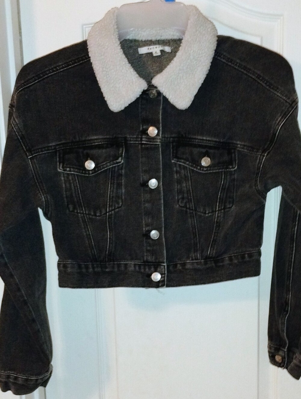 PacSun Black Cropped Denim Sherpa Jacket S Faded Trucker Y2K Grunge Streetwear